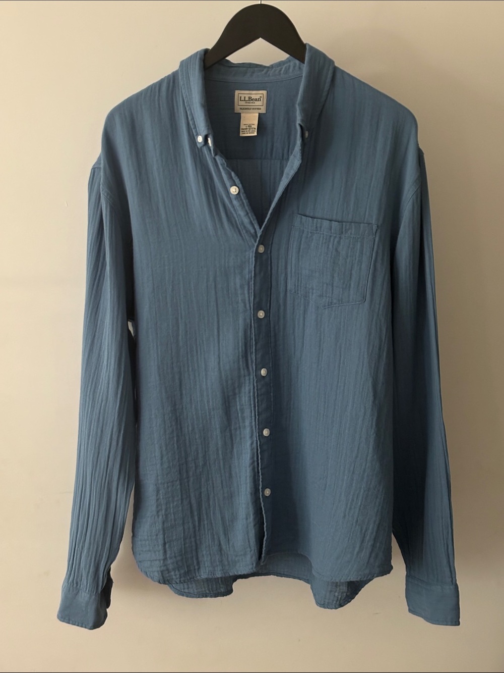 L.L.Bean 100% Cotton Gauze Shirt Blue Long Sleeve Button Front L
